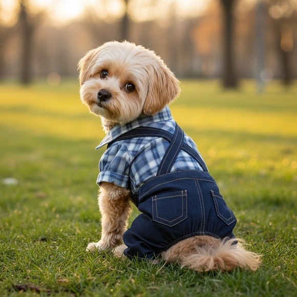 Other - Blue Plaid Shirt and Denim Overalls One-Piece Pet Outfit Dog Clothes